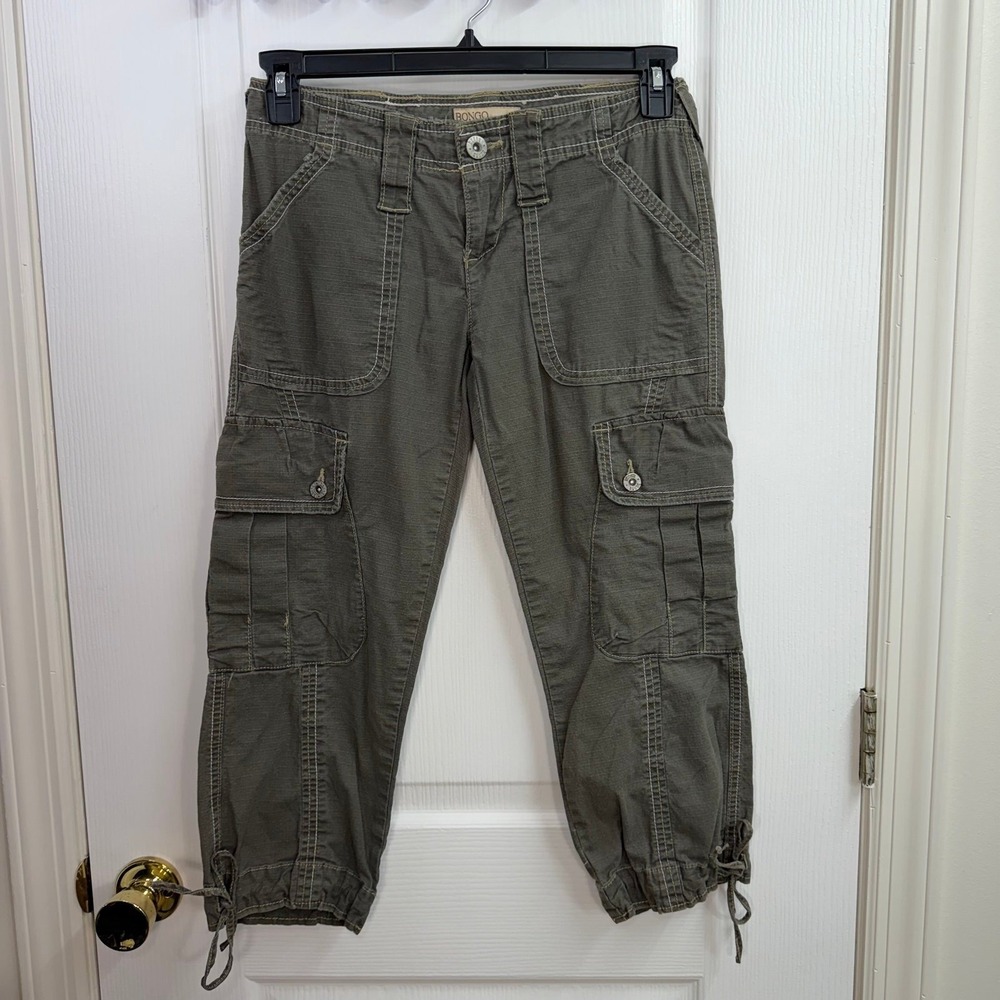 Vintage Bongo gray green cargo tie y2k cropped pocket cotton stretch capri pants